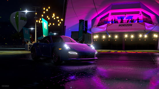 voiture de sport Porsche violette et noire près du papier peint Horizon, Forza Horizon 3, Porsche 911 GT3 RS, 4K, Fond d'écran HD HD wallpaper
