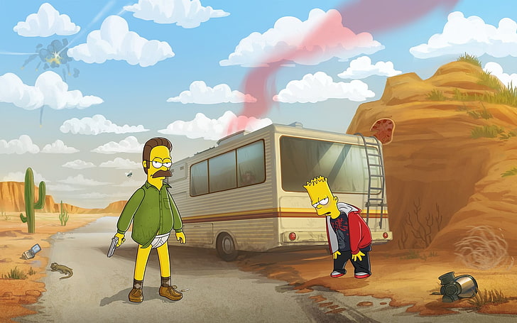 The Simpsons Bart Simpson, The Simpsons breaking bad, The Simpsons, Breaking Bad, humor, Ned Flanders, Bart Simpson, crossover, RV, HD tapet