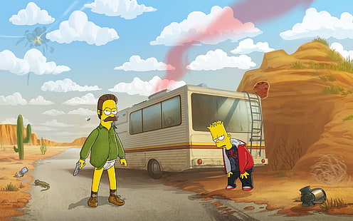 The Simpsons Bart Simpson, The Simpsons breaking bad, The Simpsons, Breaking Bad, humor, Ned Flanders, Bart Simpson, crossover, RV, HD wallpaper HD wallpaper