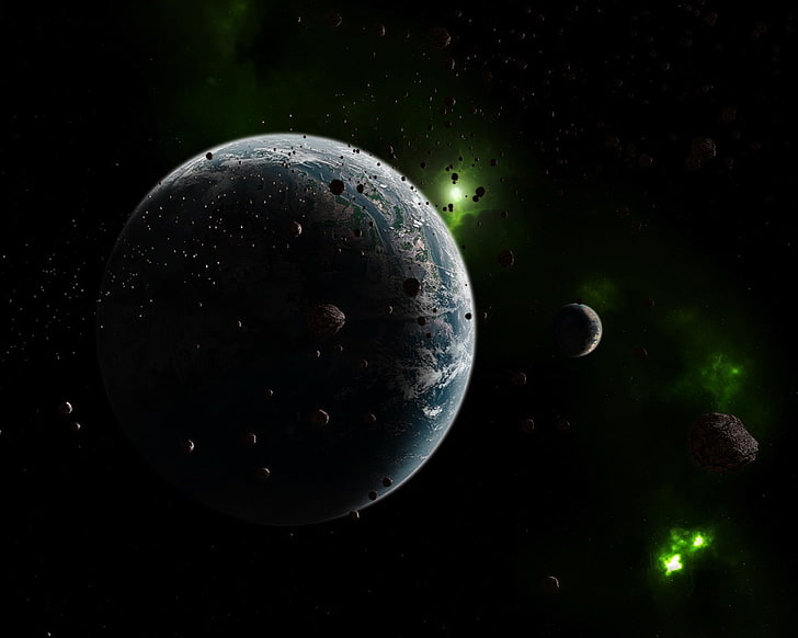 Ilustración de planeta y asteroides, meteoritos, lluvia, tierra, verde, Fondo de pantalla HD