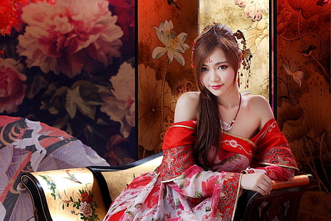 여자, 아시아, 갈색 머리, 드레스, 꽃, 소녀, 립스틱, 모델, 전통 의상, 여자, HD 배경 화면 HD wallpaper