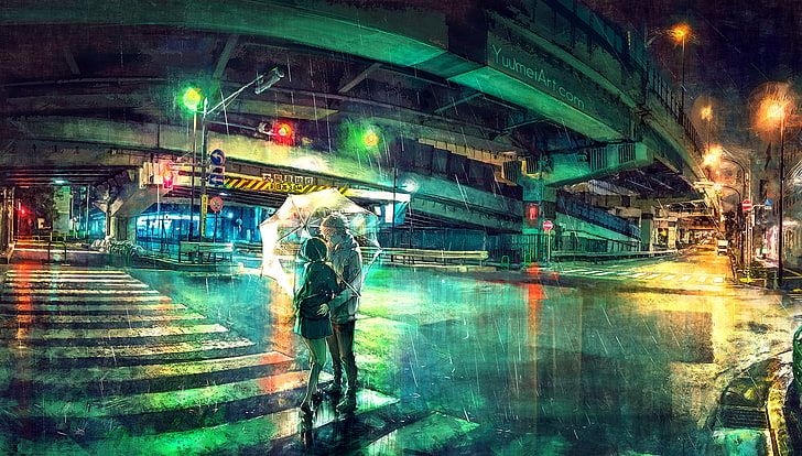 мужчина и женщина возле моста цифровые обои, пара, улица, уличный фонарь, светофор, Yuumei, HD обои