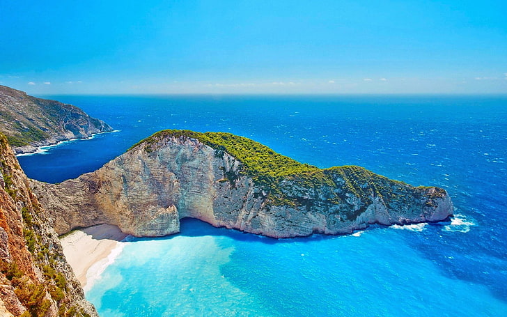 seashore and rock formation, Earth, Cliff, Beach, Horizon, Sunny, Turquoise, Zakynthos, HD wallpaper