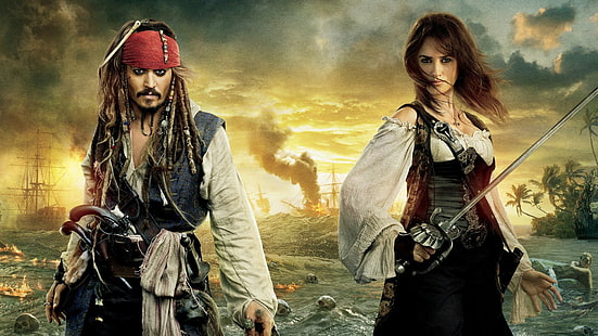 Pirati dei Caraibi, Pirati dei Caraibi: On Stranger Tides, Angelica Teach, Jack Sparrow, Johnny Depp, Penelope Cruz, Sfondo HD HD wallpaper