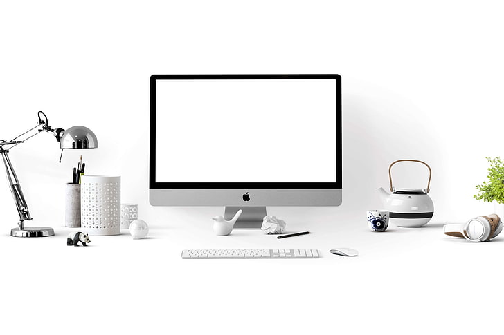 apple, apple devices, clean, computer, containers, contemporary, cup, electronics, equipment, figurines, headphones, imac, keyboard, lamp, monitor, mouse, mug, pens, screen, teapot, technology, white, HD wallpaper