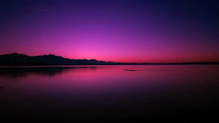 fotografi pemandangan gunung, danau, matahari terbenam, horison, malam, merah muda, ungu, Wallpaper HD