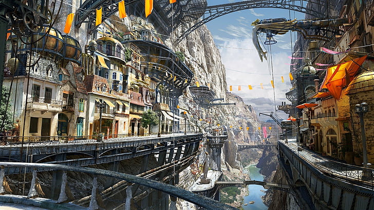 Sci Fi, Steampunk, Bridge, City, Mountain, Street, HD wallpaper