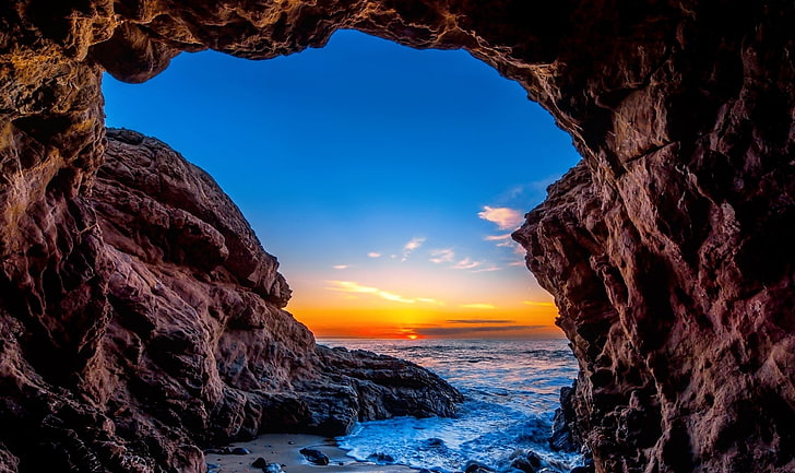 Caves, Cave, Beach, Earth, Horizon, Ocean, Sea, Sun, Sunset, HD wallpaper