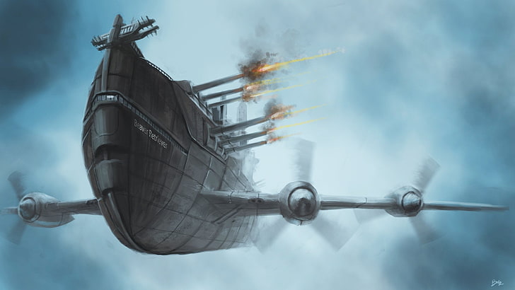 sfondo digitale dirigibile grigio, Fantascienza, Steampunk, Battaglia, Sottomarino, Guerra, Sfondo HD