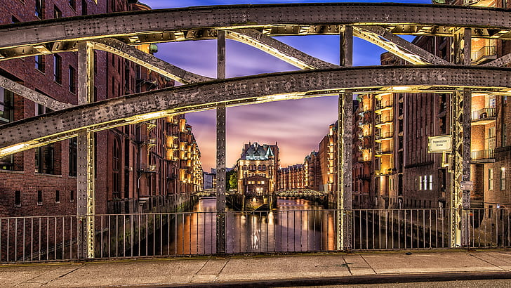 architecture, bricks, bridge, building, Cityscape, Germany, Hamburg, Lights, Long Exposure, night, Old Building, river, Speicherstadt, HD wallpaper