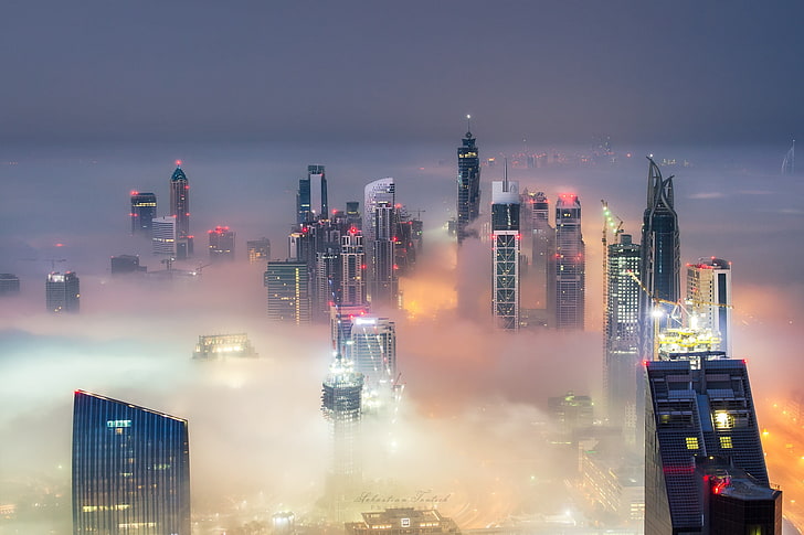 şehir, sis, Dubai, gökdelenler, BAE, üst, HD masaüstü duvar kağıdı