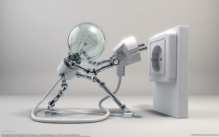 белая лампочка и электрическая вилка, лампочка, произведение искусства, робот, рендер, компьютерная графика, 3D, цифровое искусство, юмор, HD обои