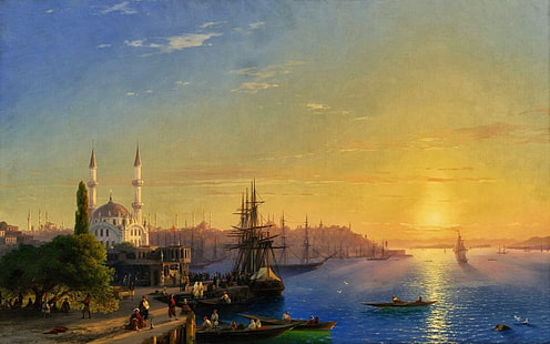 barco, arte clásico, costa, arte de fantasía, Ivan Aivazovsky, pintura, puesta de sol, Fondo de pantalla HD HD wallpaper