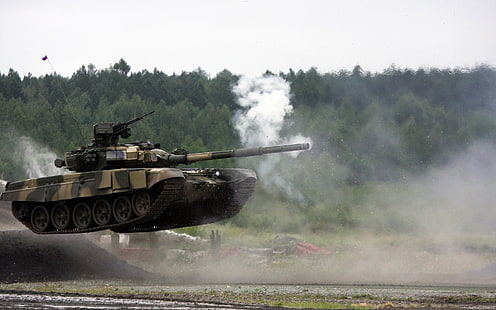 tank tempur coklat dan hijau, tentara, tank, T-90, kendaraan, lompat, militer, Wallpaper HD HD wallpaper