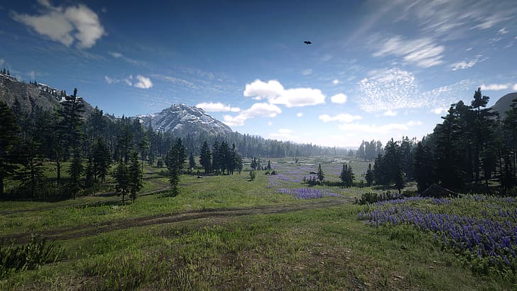 Red Dead Redemption 2, Red Dead Redemption, nature, trees, hills, mountains, grass, clouds, screen shot, PC gaming, video games, flowers, landscape, HD wallpaper