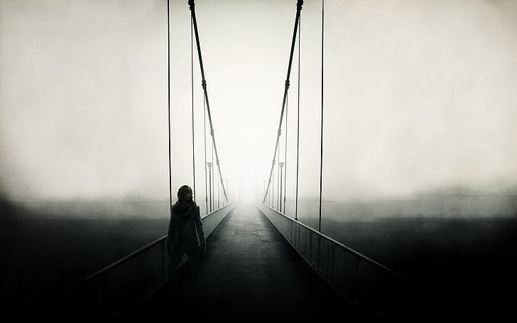 man walking on bridge wallpaper, road, landscape, bridge, fog, people, mood, the fence, view, fence, track, handrails, male, guy, the bridge, path, photo, way, man, pathway, HD wallpaper
