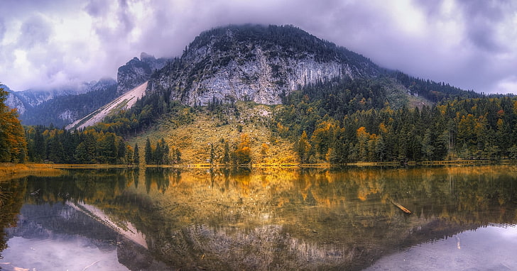 pintura de árbol marrón y negro, naturaleza, paisaje, montañas, lago, bosque, otoño, nubes, agua, reflexión, árboles, calma, Fondo de pantalla HD