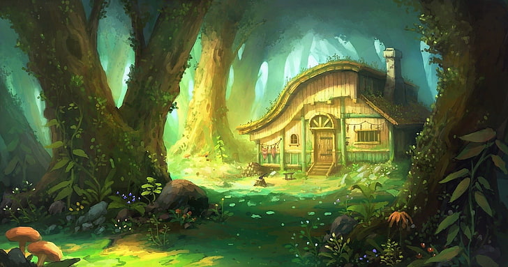 خيال ، منزل ، فني ، كوخ ، زهرة ، غابة ، شجرة، خلفية HD