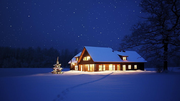 сезоны, уютный, дом, ночное небо, звездная ночь, рождественская елка, зима, следы, снег, небо, рождество, сезонный, путь, деревья, природа, огни, дом, звезды, ночь, праздник, HD обои