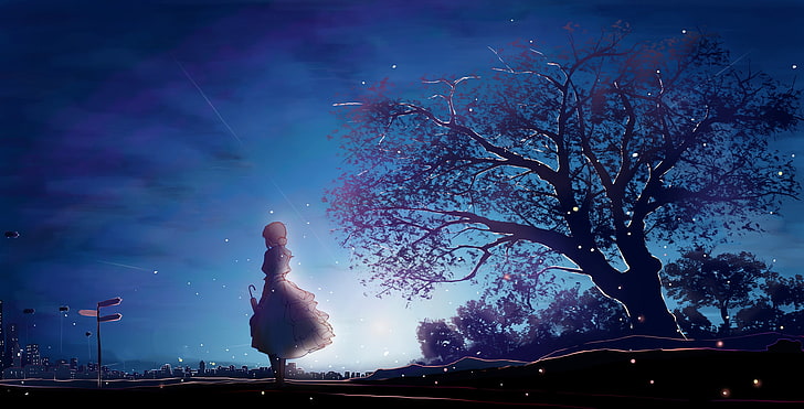 силуэт дерева, аниме, аниме, Violet Evergarden, короткие волосы, произведение искусства, зонт, городской пейзаж, ночь, белое платье, блондинка, смотрит вдаль, ночное небо, облака, звезды, HD обои