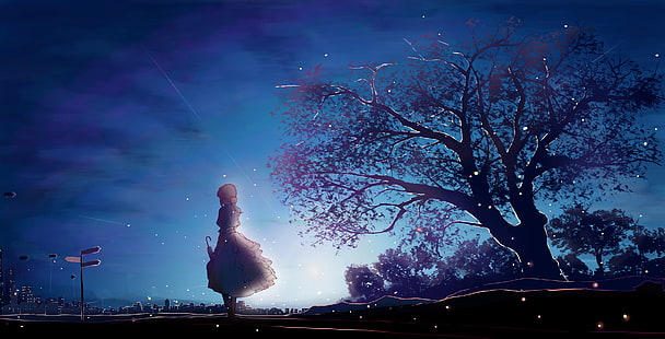 sylwetka drzewa, anime, anime girls, Violet Evergarden, krótkie włosy, dzieło sztuki, parasol, pejzaż miejski, noc, biała sukienka, blondynka, patrząc w dal, nocne niebo, chmury, gwiazdy, Tapety HD HD wallpaper