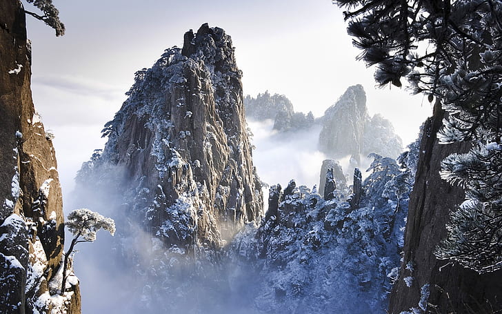 Планини Хуаншан през зимата в Анхуей, Китай, Хуаншан, Планини, Зима, Китай, HD тапет