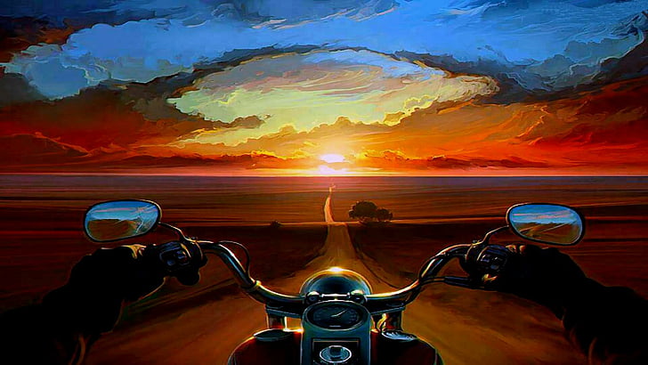 traveling, motorbike, countryside, painting, sunset, road, life, HD wallpaper