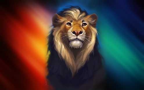 lion, artwork, digital art, colorful, animals, HD wallpaper HD wallpaper
