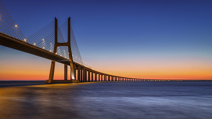 Bridges, Vasco da Gama Bridge, Bridge, Portugal, Sea, Sunset, HD wallpaper
