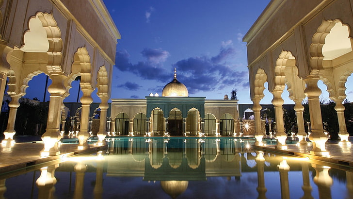 beżowy meczet, pałac, Marrakesz, Marrakesz, Maroko, basen, Tapety HD