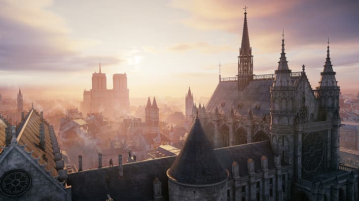 Assassin's Creed, Assassin's Creed Unity, Francja, Paryż, Notre-Dame, Sainte-Chapelle, wschód słońca, architektura gotycka, Tapety HD