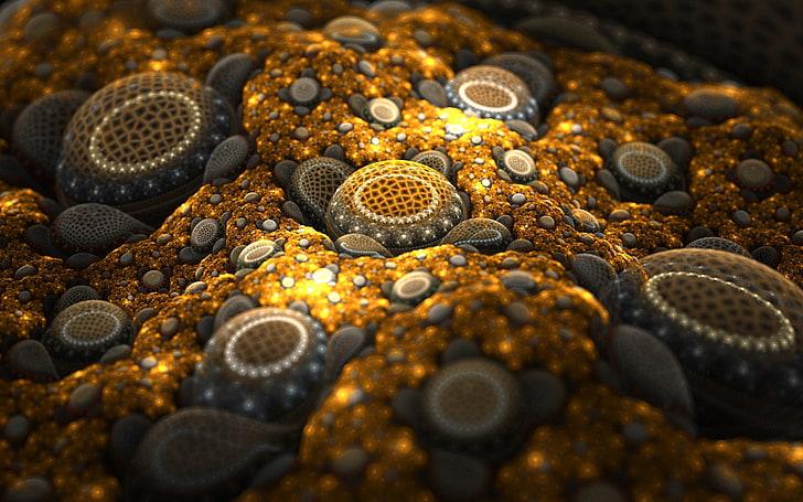 black stones, abstract, fractal, gold, HD wallpaper