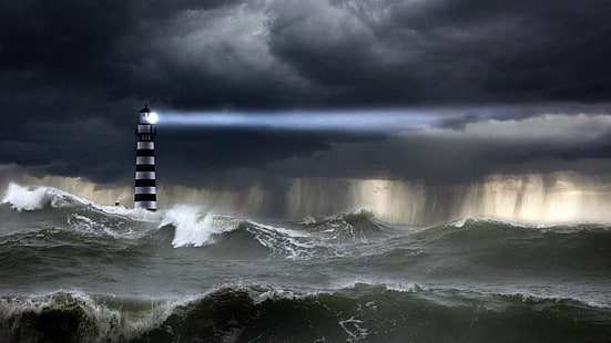 природа, пейзаж, облака, маяк, море, огни, шторм, дождь, волны, темнота, HD обои HD wallpaper