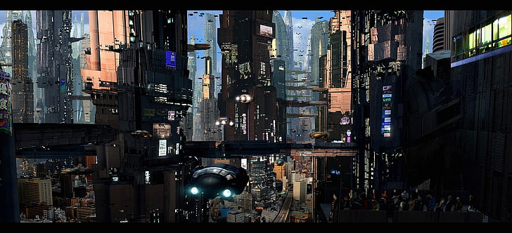 avion, paysage urbain, ville futuriste, science fiction, Fond d'écran HD