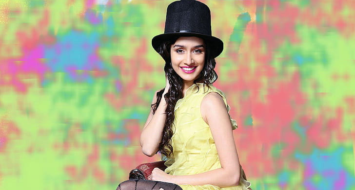 Attrici, Shraddha Kapoor, attrice, modella, cappello a cilindro, abito giallo, Sfondo HD