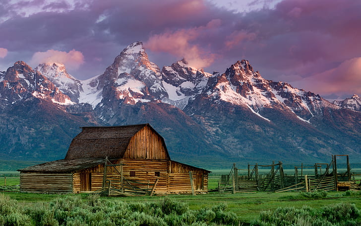 landscape, mountains, snowy peak, barn, clouds, Rocky Mountain National Park, Rocky Mountains, HD wallpaper