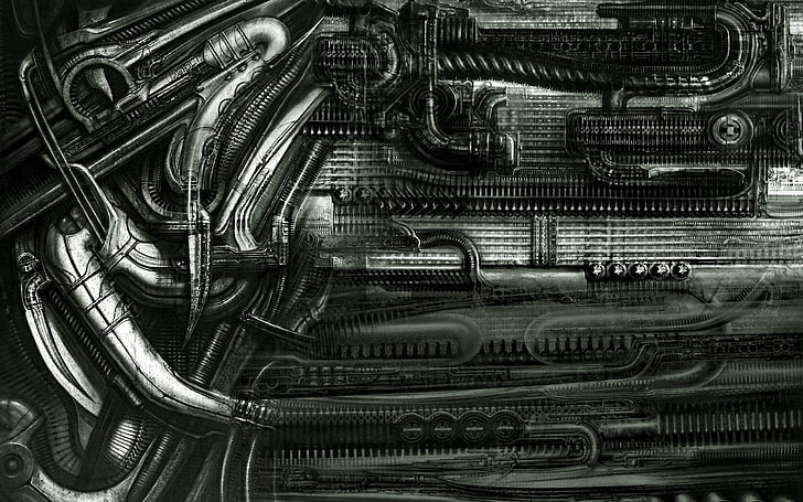 H. R. Giger, abstrakcja, surrealizm, maszyna, grafika, Tapety HD