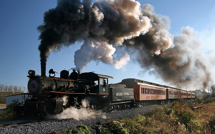 黒と茶色の電車、鉄道、電車、車両、蒸気機関車、煙、木、植物、ニューヨーク州、アメリカ、男性、鉄道ヤード、 HDデスクトップの壁紙