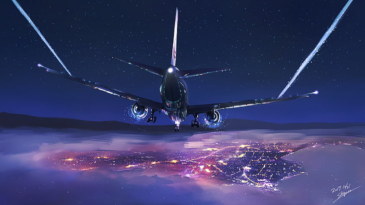 черна и сива илюстрация на самолет, самолети, град, облаци, небе, планини, градски светлини, звезди, нощ, рисуване, цифрово изкуство, самолет, Airbus, Airbus A350, HD тапет
