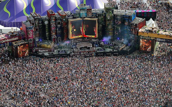 assorted-color book lot, concerts, music festival, Tomorrowland, crowds, HD wallpaper