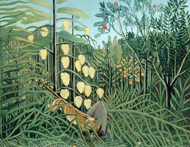 الحيوانات ، الصورة ، الكفاح بين النمر والثور ، هنري روسو ، في الغابة المطيرة ، هنري جوليان فيليكس روسو، خلفية HD