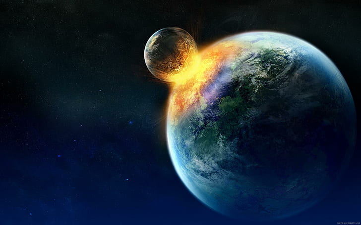 Космическое столкновение между планетой, 2 планеты, сталкивающиеся иллюстрация фото, земля, космос, планета, огонь, взрыв, HD обои