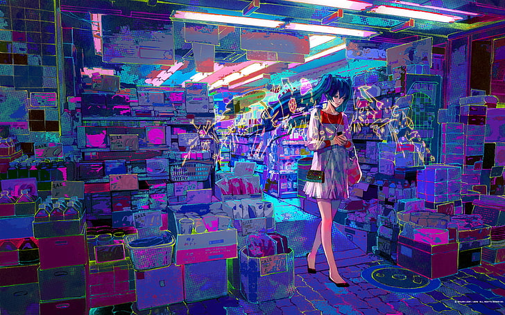 wallpaper digital karakter anime wanita, kota, jalan, seni, hatsune miku, Vocaloid, shop, Wallpaper HD