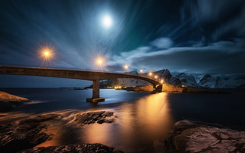 gray concrete bridge, nature, landscape, night, bridge, lights, Moon, clouds, mountains, island, snow, Norway, fjord, sea, rock, water, HD wallpaper HD wallpaper