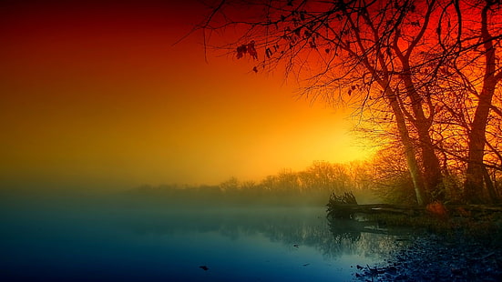 autumn, afterglow, calm, sunset, evening, mist, dusk, tree, coloroful, HD wallpaper HD wallpaper