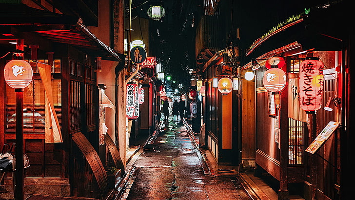 callejón, calle, linterna, noche, iluminación, ciudad, oscuridad, Kyoto, linternas, Japón, Asia, Fondo de pantalla HD