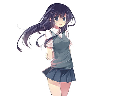 สาวอะนิเมะผมยาวชุดนักเรียนเด็กนักเรียนผมสีเข้มพื้นหลังสีขาว, วอลล์เปเปอร์ HD HD wallpaper