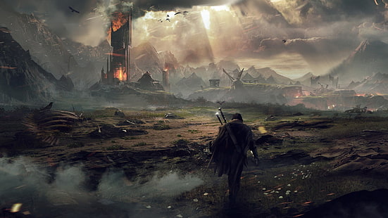 man walking on green land digital wallpaper, The sky, Clouds, Mountains, Smoke, Fire, Light, Sword, Warrior, The building, Sparks, Flame, Art, Ghost, Warner Bros. Interactive Entertainment, Dust, Monolith Productions, Middle-Earth: Shadow Of Mordor, HD wallpaper HD wallpaper