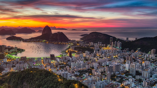 sky, city, rio de janeiro, cityscape, skyline, brazil, sugarloaf mountain, view, dusk, sunset, evening, panorama, horizon, HD wallpaper HD wallpaper