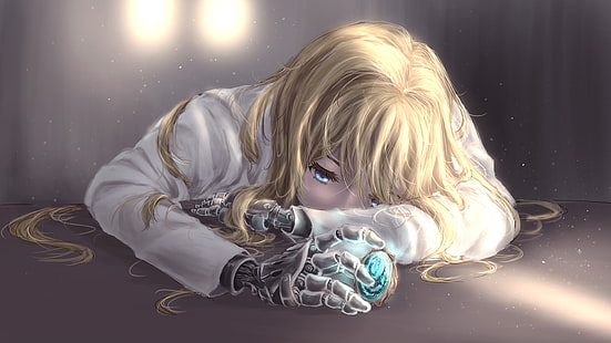 violetter Evergarden, trauriger Ausdruck, blond, mechanischer Arm, Anime, HD-Hintergrundbild HD wallpaper